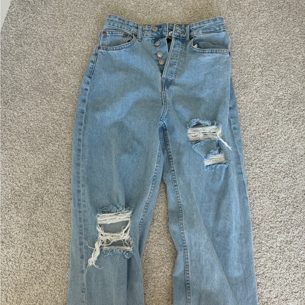 H&M Light Blue Distressed Straight Leg Jeans